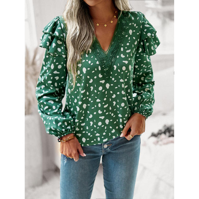 Printed Lace V-Neck Ruffle Sleeve Casual Blouse