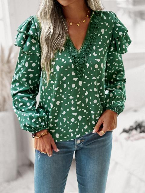 Printed Lace V-Neck Ruffle Sleeve Casual Blouse