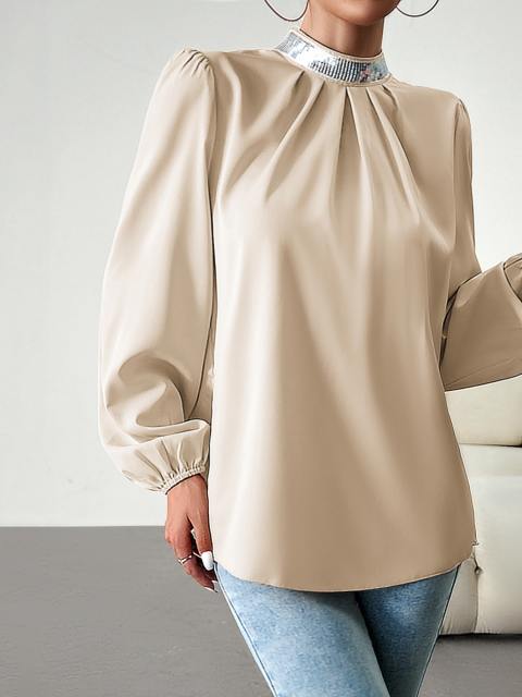 Round Neck Pleated Upper Sleeve Blouse