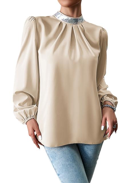 Round Neck Pleated Upper Sleeve Blouse