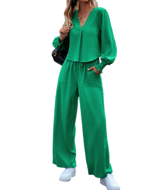 Casual Solid Color V-Neck Shirt Wide Leg Pants