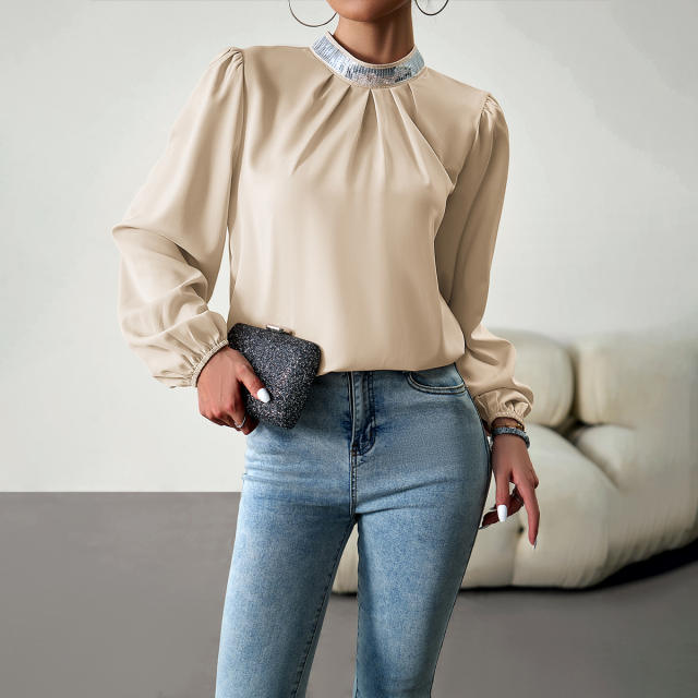 Round Neck Pleated Upper Sleeve Blouse
