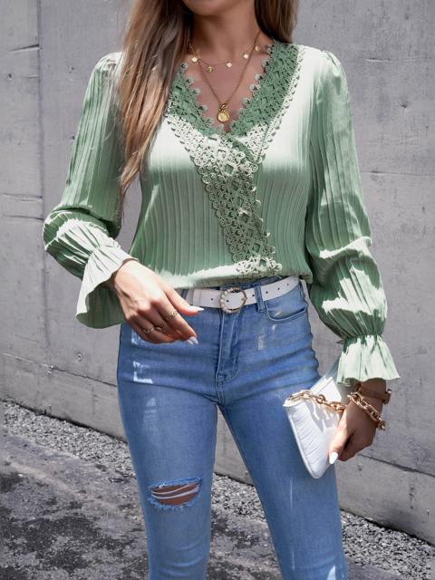 Patchwork Lace Flared Long Sleeve Top
