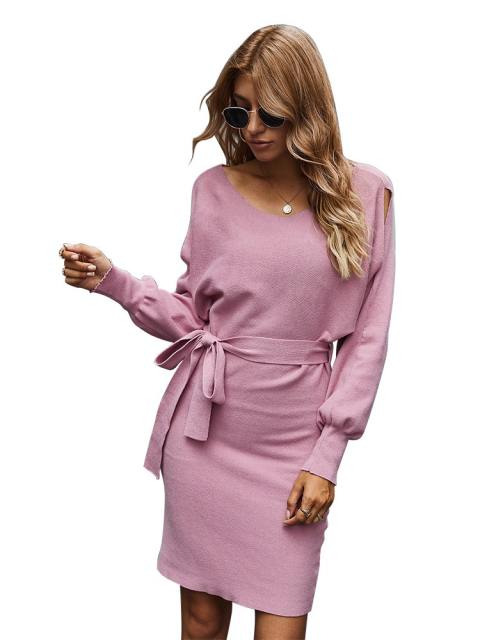 Sexy Cut Out Belted Wrap Hip Sweater Dress