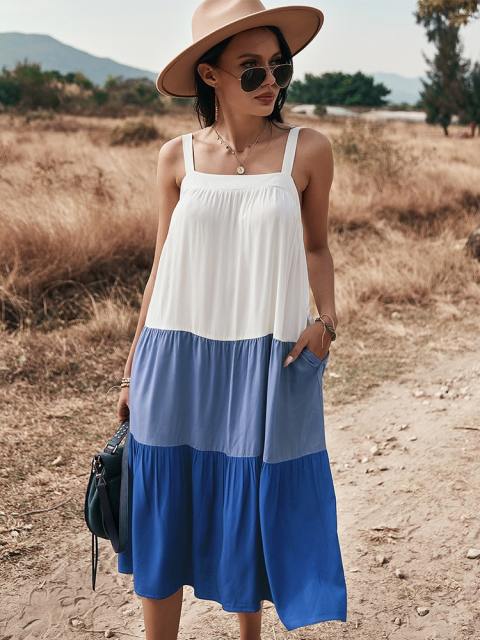 Color Block Tiered Strap Maxi Dress With Pockets