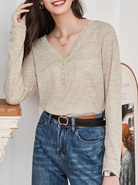 Solid Long Sleeve Button Down V Neck T Shirts