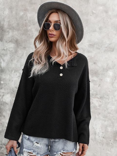Button Crewneck Waffle Knit Pullover Top