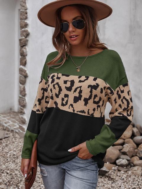 Leopard Color Block Long Sleeve Knit Sweater