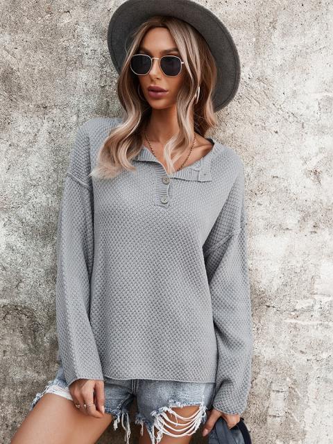 Button Crewneck Waffle Knit Pullover Top