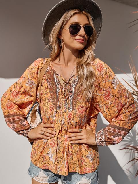 Bohe Floral Print V Neck Long Sleeve Blouse