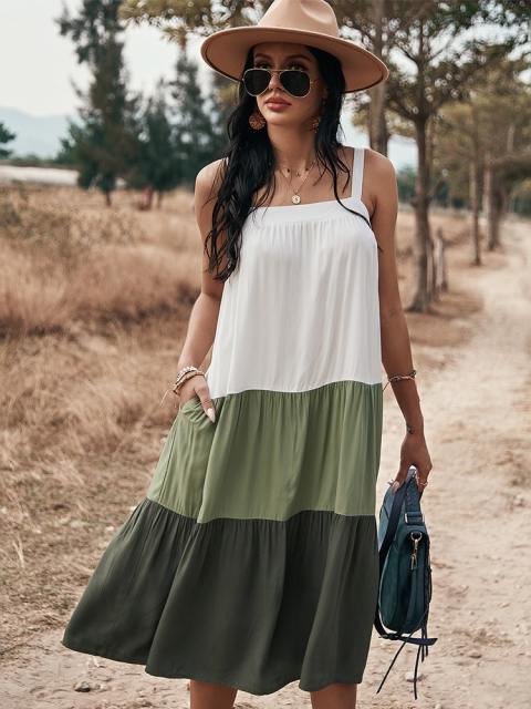 Color Block Tiered Strap Maxi Dress With Pockets