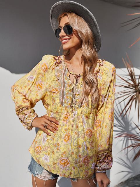 Bohe Floral Print V Neck Long Sleeve Blouse