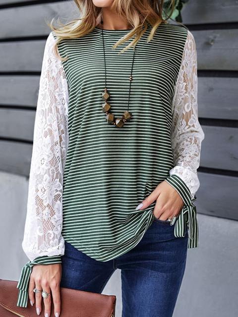 Round Neck Striped Patchwork Lace Sleeve Top