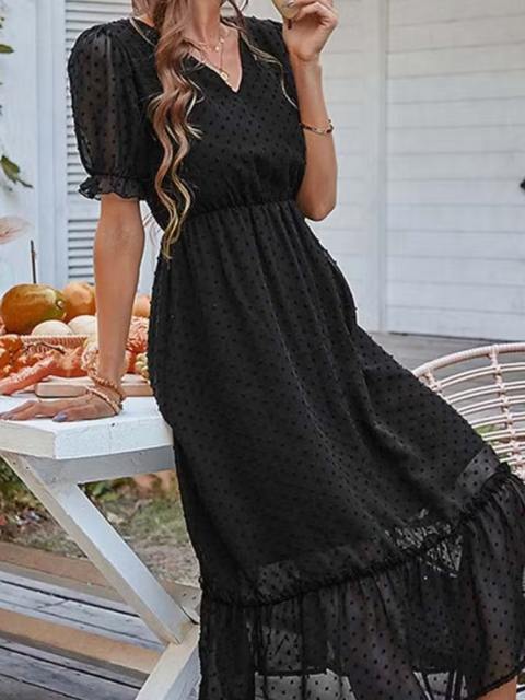 V-Neck Swiss Dot Ruffle Hem Chiffon Dress