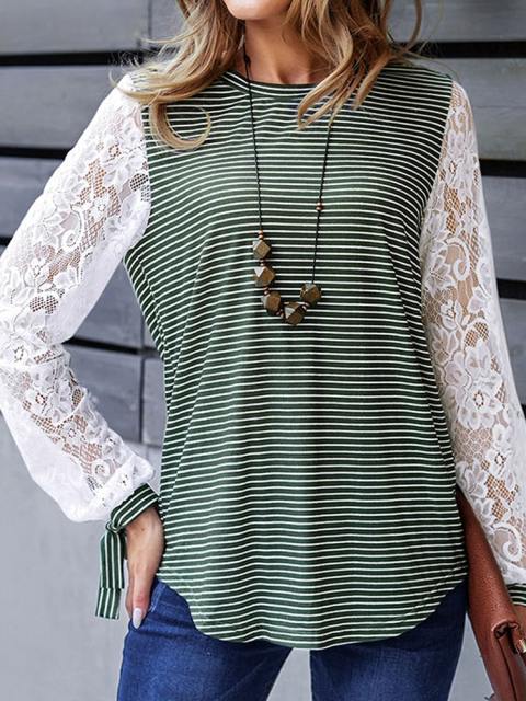 Round Neck Striped Patchwork Lace Sleeve Top