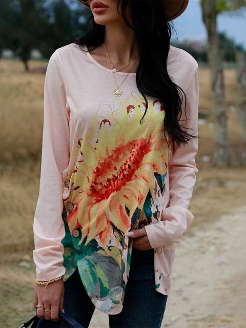 Early Spring Sunflower Print Long Sleeve Top
