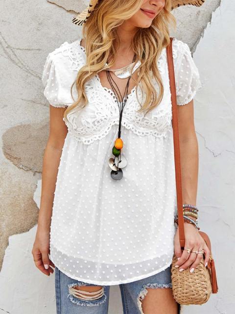 White V-Neck Lace Ruffle Short-Sleeeve T-Shirt