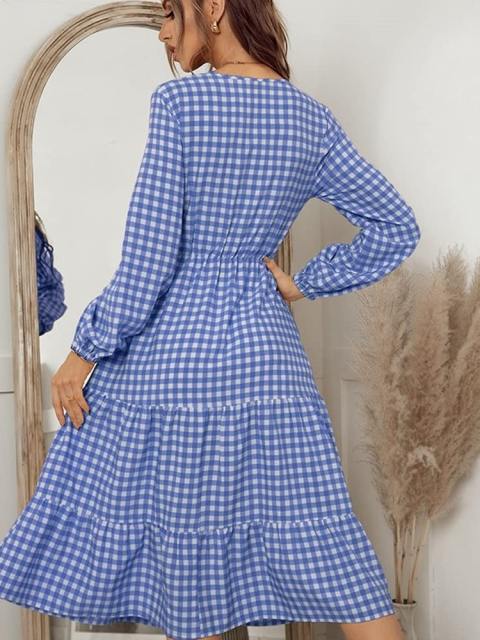 Plaid Hollow High Waist Ruffle Sleeve Midi Dress