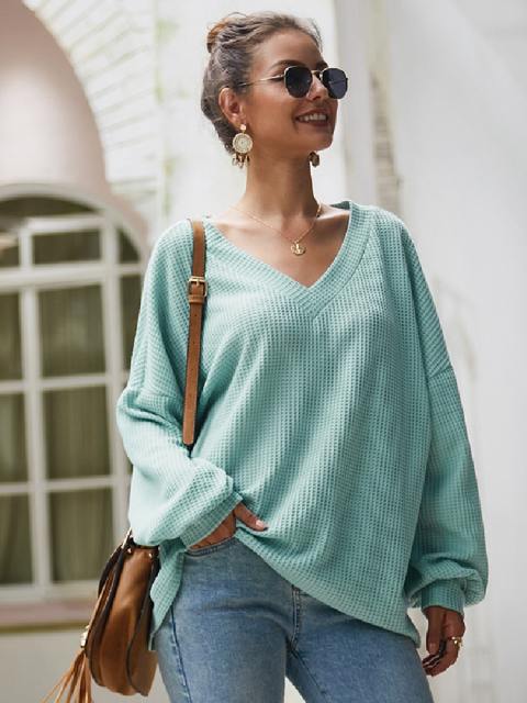 Sexy V Neck Long Sleeve Waffle Knit Top