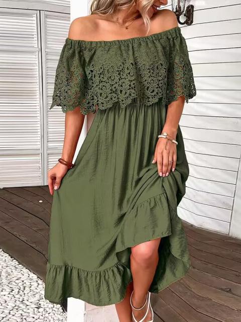 One-Shoulder Lace Patchwork Ruffle MIdi Dress