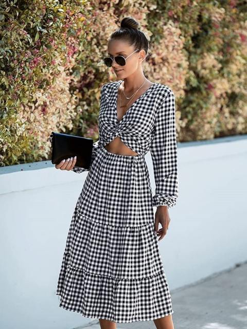 Plaid Hollow High Waist Ruffle Sleeve Midi Dress