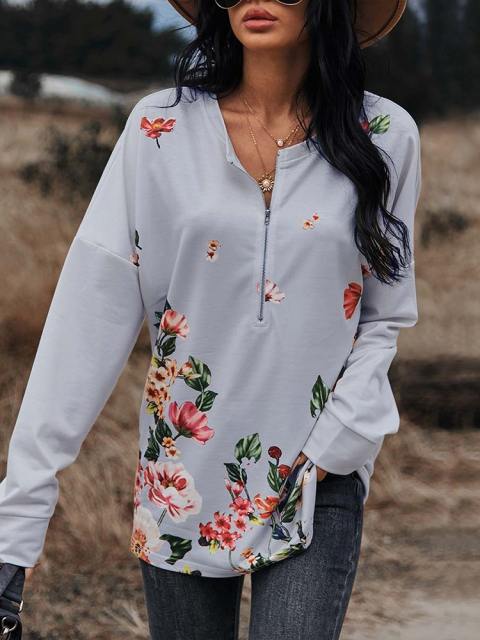 Autumn Causal Loose Zipable Printed Tops