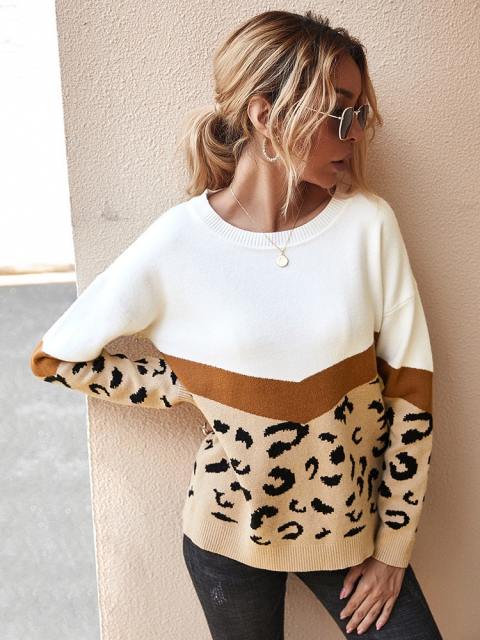 Leopard Color Block Knit Pullover Sweater Top