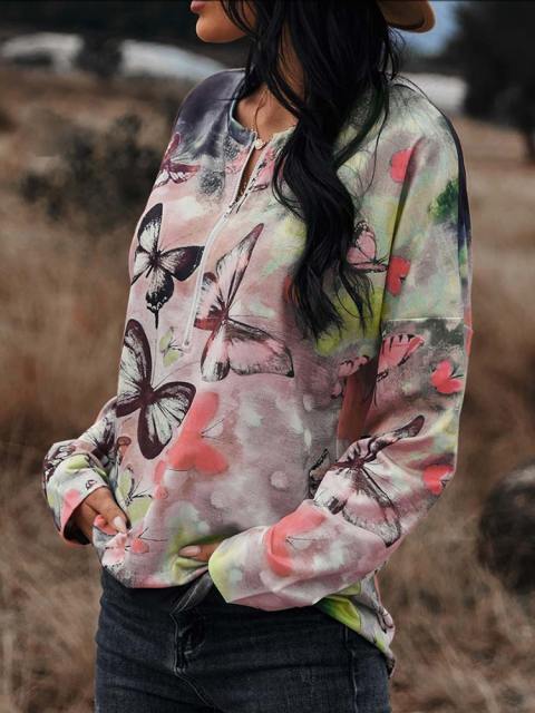 Causal Butterfly Print Long Sleeve Zipper Top