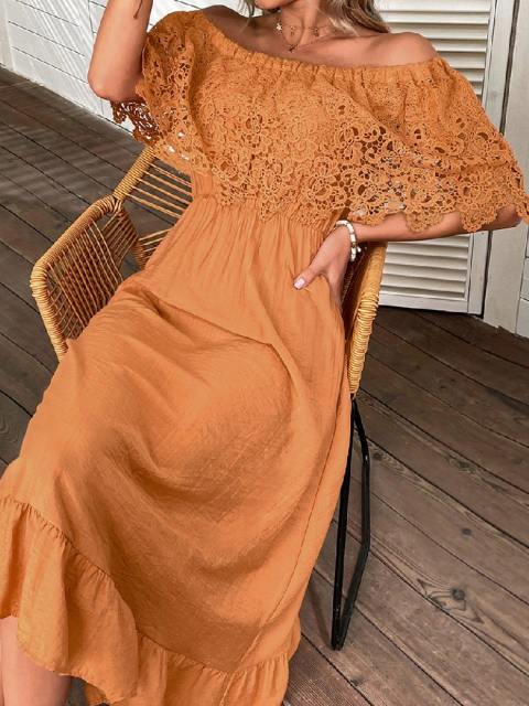 One-Shoulder Lace Patchwork Ruffle MIdi Dress