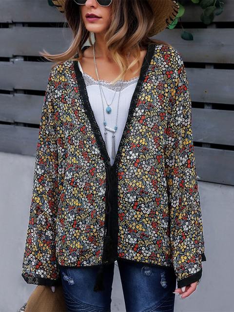 Floral Tie-Front Bell Sleeve Cardigan Jacket