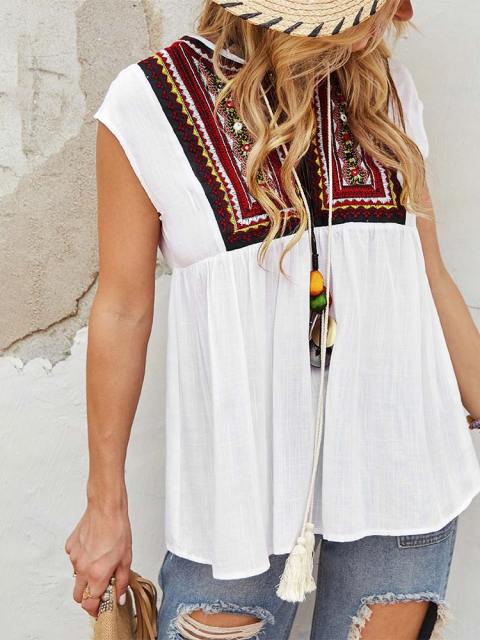 Bohemian Beach Applique Short-Sleeved Top