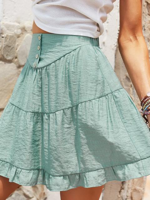 High Waist Button Tiered Ruffle Skirt