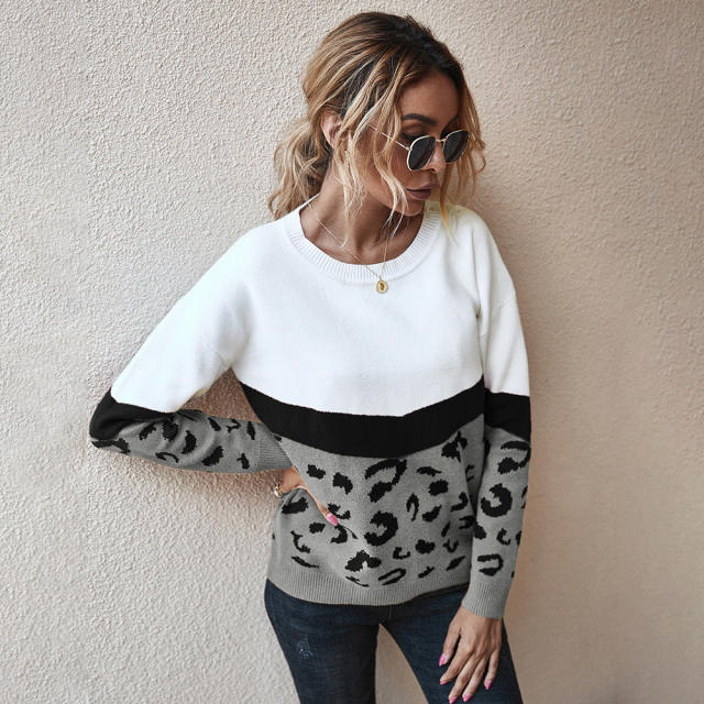Leopard Color Block Knit Pullover Sweater Top