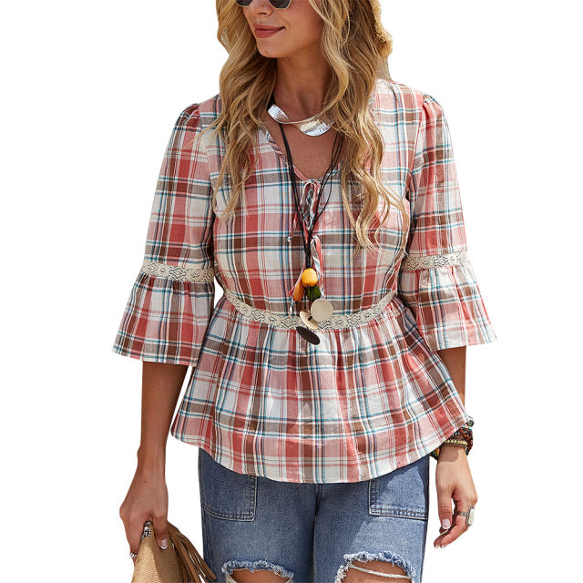 Plaid V Neck Bell Sleeve Ruffled Crop Top