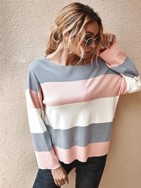 Color Block Stripe Print Long Sleeve Pullover T Shirt