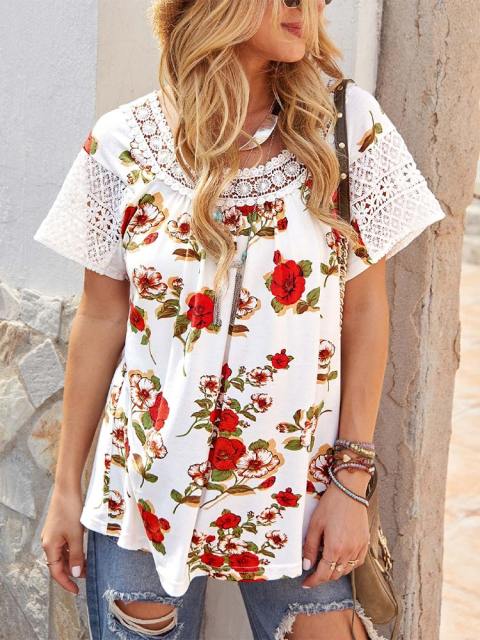 Floral Printed Spell Lace Short-Sleeved Tops