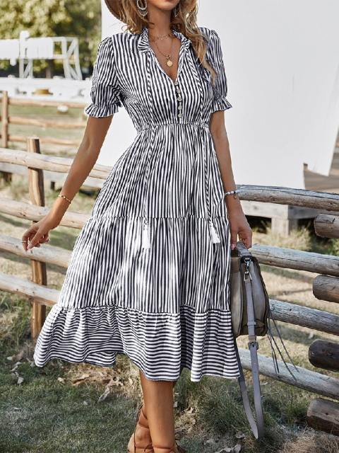 Striped Short-Sleeved High-Waisted Midi Dress
