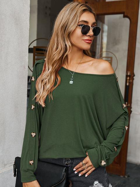 Solid One Shoulder Button Long Sleeve Casual Top
