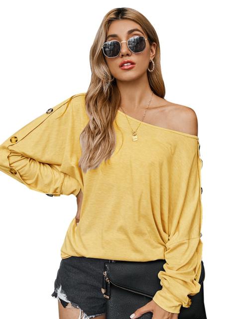 Solid One Shoulder Button Long Sleeve Casual Top