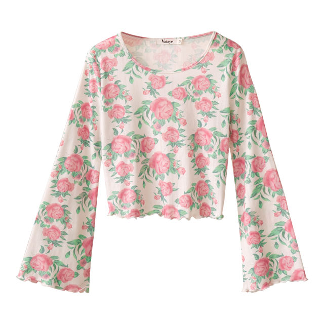 Crew Neck Flared Sleeve Floral Print Top