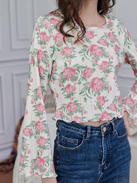 Crew Neck Flared Sleeve Floral Print Top