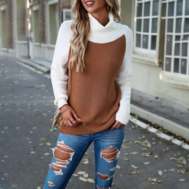 Warm Casual Color Block Turtleneck Knit Sweater