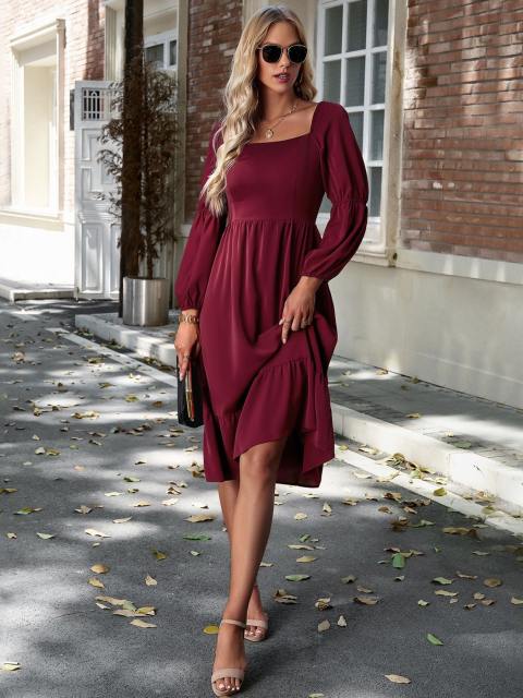 Elegant Square Neck Puff Sleeve Ruffle Dress