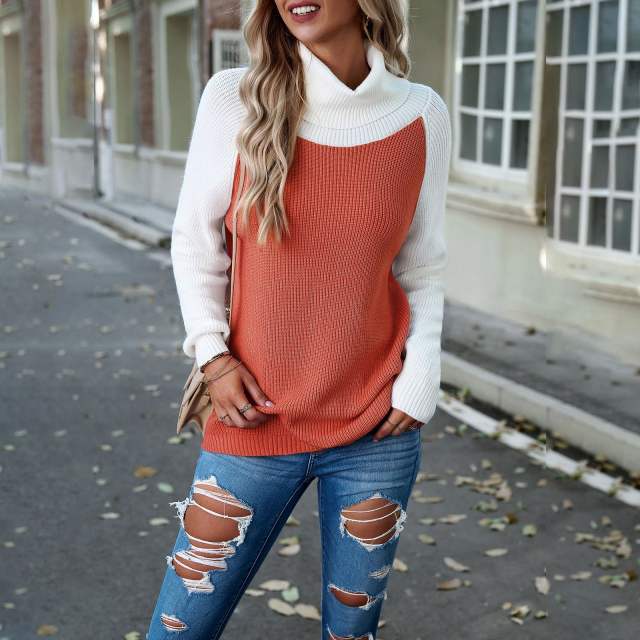 Warm Casual Color Block Turtleneck Knit Sweater