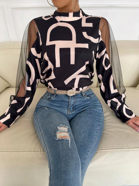 Letter Printed Spliced Mesh Mock Neck Pullover Blouse