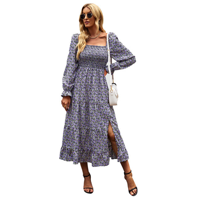 Long Sleeve Floral Slit Midi Dress