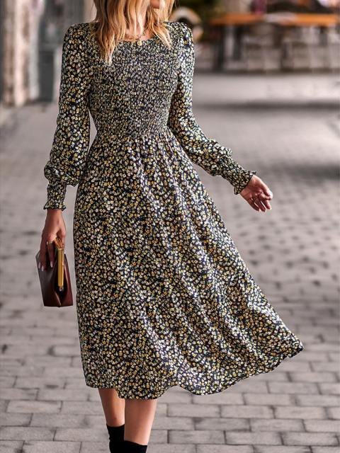 Floral Print Lantern Sleeve Smocked Maxi Dress