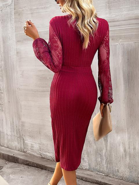 Contrast Lace Flounce Sleeve V Neck Knit Dress