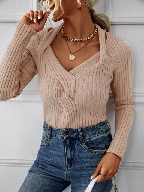 Cutout V-Neck Twisted Knit Pullover Sweater