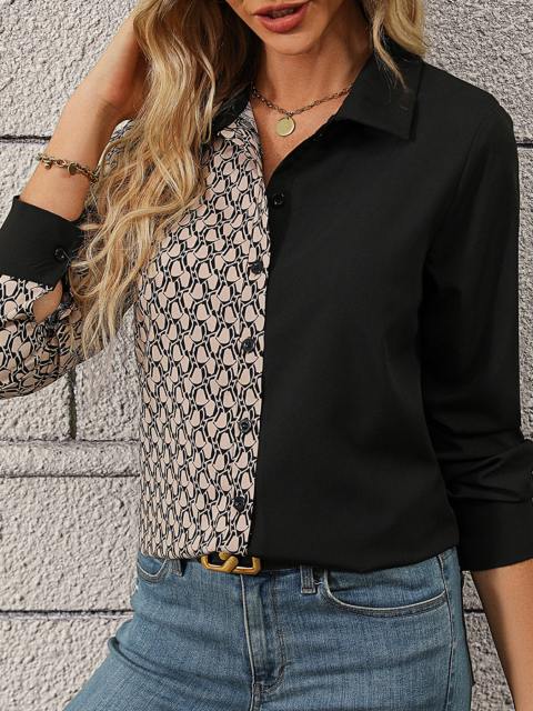 Two-Tone Patchwork Print Button Front Blouse
